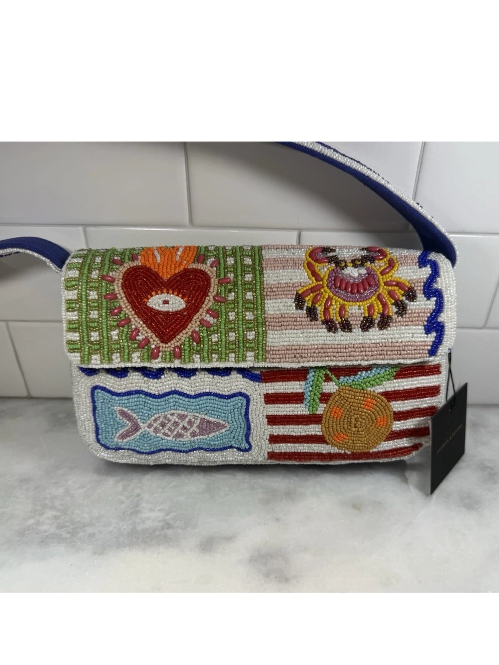 America & beyond Women’s Multicolor Beaded Shoulder Bag Crab Beach Theme NWT